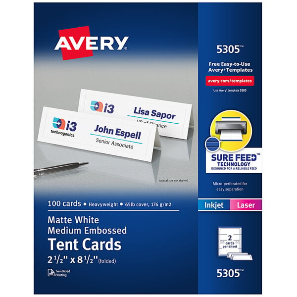A package of white Avery embossed tent cards.