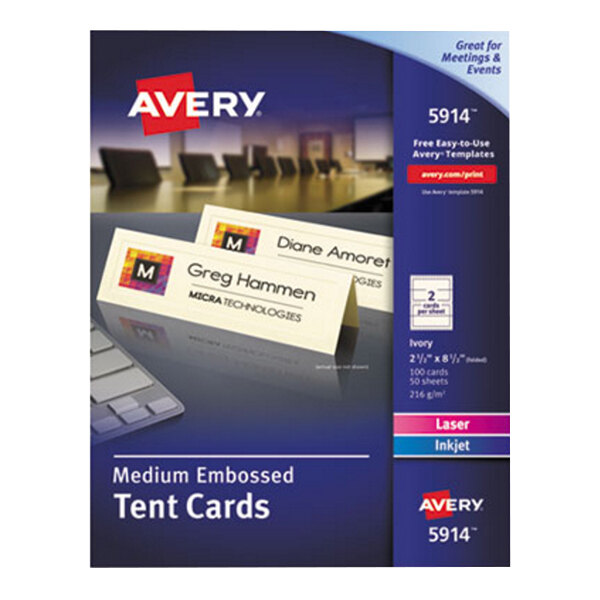 A package of Avery Ivory Medium Embossed Tent Cards with black text on a white box.