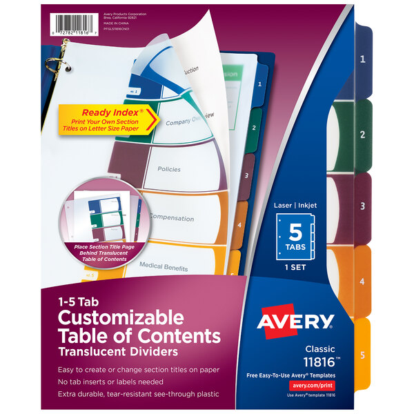 A package of Avery 5-tab plastic table of contents dividers with a blue and white label.