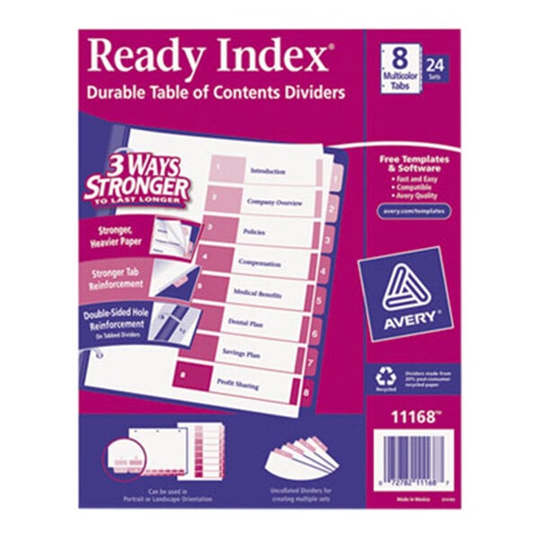 A box of Avery Ready Index multicolored table of contents divider sets.