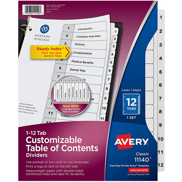 A binder with a blue and white label reading "Avery 12-Tab Table of Contents" in white text.
