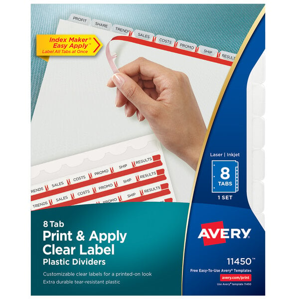 A hand holding a blue and white Avery Index Maker clear label strip.