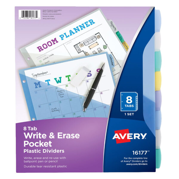 A package of Avery Write-On White and Multi-Color Plastic Dividers with a pen and a calendar.