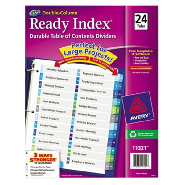 A package of Avery Ready Index dividers with white and blue labels on a purple binder.