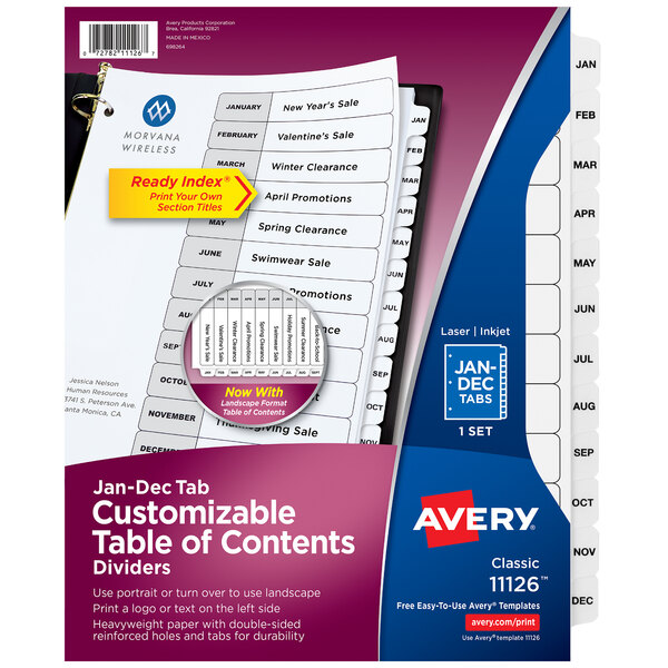 Avery Ready Index Monthly White Table of Contents Dividers on a table.