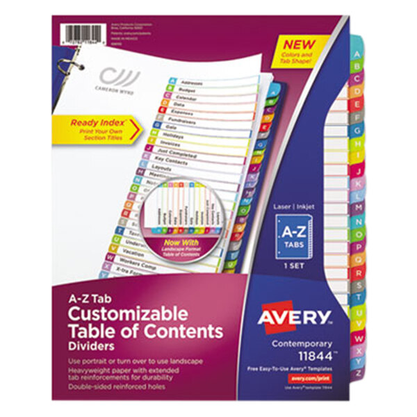 A package of Avery® A-Z tabbed dividers with multi-colored labels.