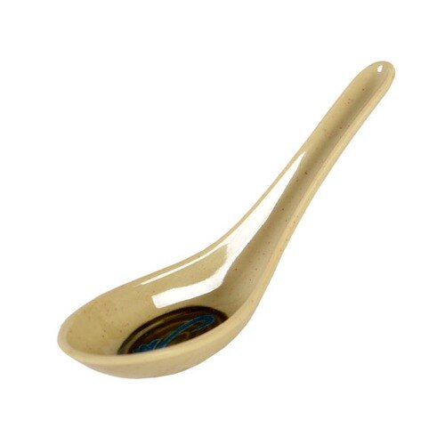 A white melamine wonton soup spoon with a blue and black design.