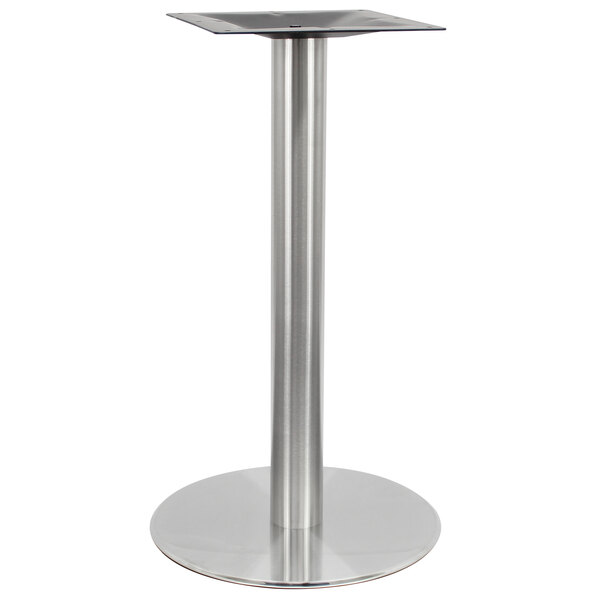 A round stainless steel bar height table base.