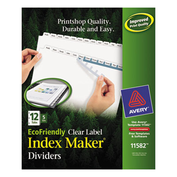 A box of Avery white EcoFriendly dividers with clear label strips.