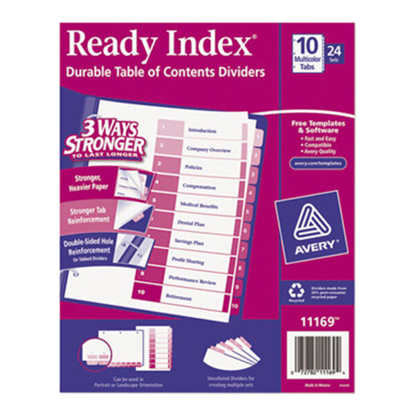 A box of Avery Ready Index dividers with purple and white tabs and white labels.