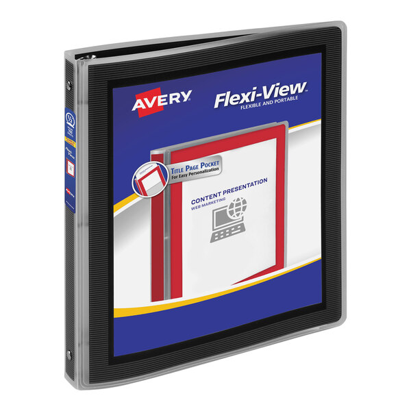 A white rectangular box with a black and red Avery Flexi-View binder with round rings.