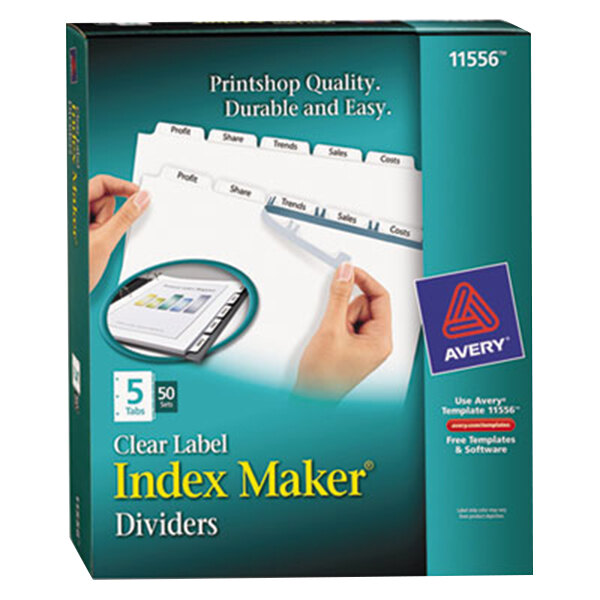 A box of Avery Index Maker 5-tab dividers with a blue and red logo.