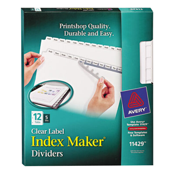 A package of Avery Index Maker white dividers with clear label strips.