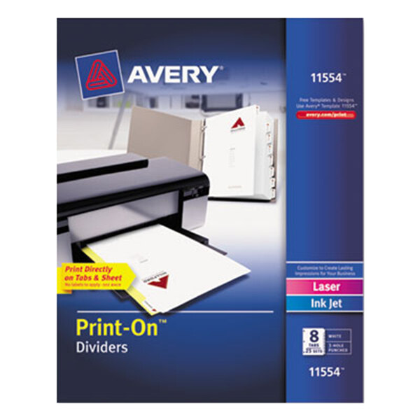 A white box of Avery Print-On dividers with a red logo.
