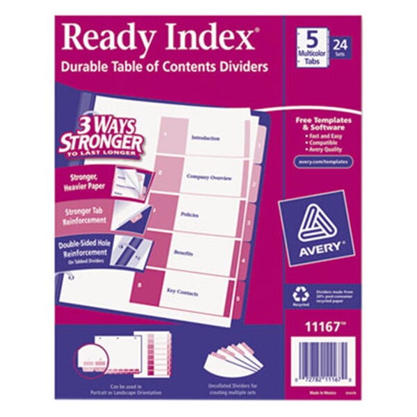 A box of Avery Ready Index 5-tab multi-color dividers.
