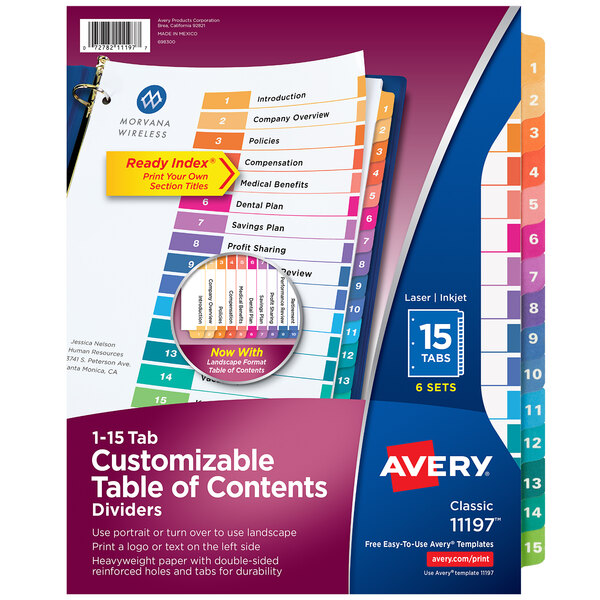 A package of Avery 11197 Ready Index Table of Contents Dividers with blue, pink, and purple tabs.