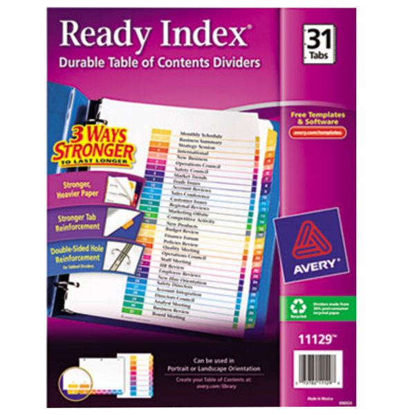 A purple box of Avery Ready Index multicolored tab dividers with a blue and red Avery logo.