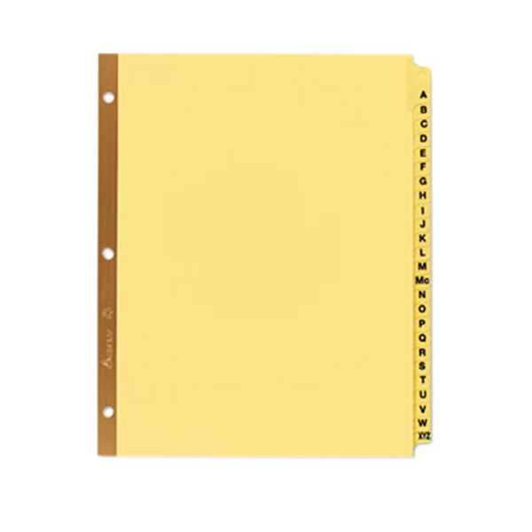 A yellow file folder with brown tabs labeled with black letters.
