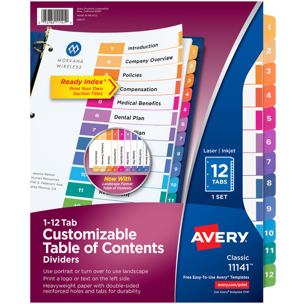Avery® customizable table of contents divider with colorful tabs.
