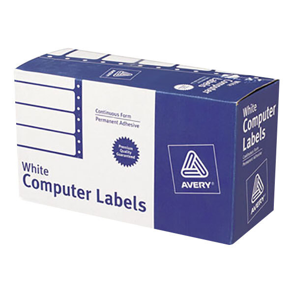 A package of white Avery computer labels with a blue and white label on the front.