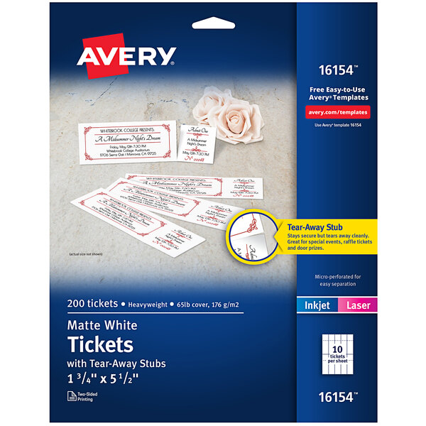 A package of Avery Matte White Tickets with Tear-Away Stubs.