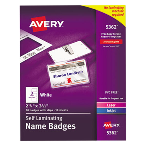 A purple package of white Avery self-laminating name badges with a name tag on it.