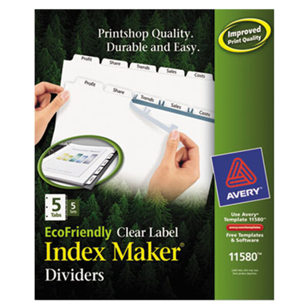 A package of Avery EcoFriendly White Index Maker Dividers with Clear Label Strips.