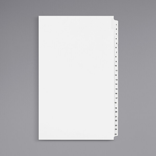 A white file folder with Avery 1430 Standard Collated Legal Exhibit Dividers with black numbers on the tabs.