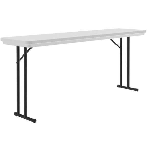 A gray rectangular table with black legs.