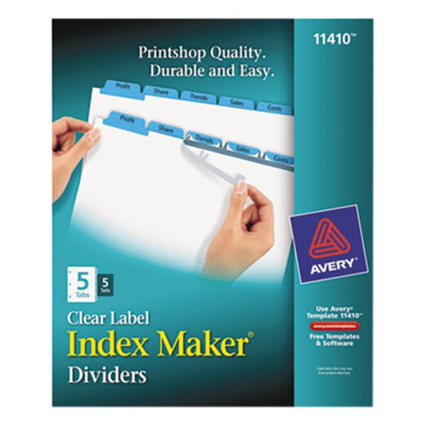 A box of Avery Index Maker blue divider tabs with clear label strips held in a hand.