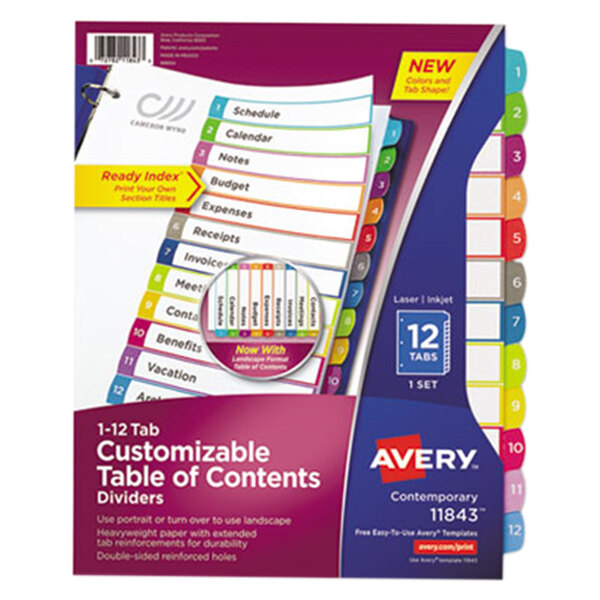 Avery® 12-tab customizable table of contents dividers in clear, purple, and other colors.