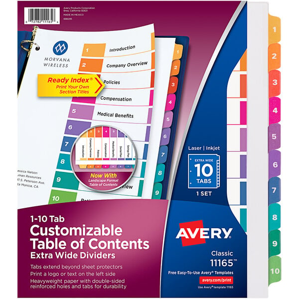 A package of Avery® customizable extra wide tab dividers with purple and white text on a white rectangular background.