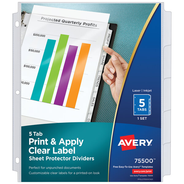 A hand holding Avery clear sheet protector dividers with a white label.