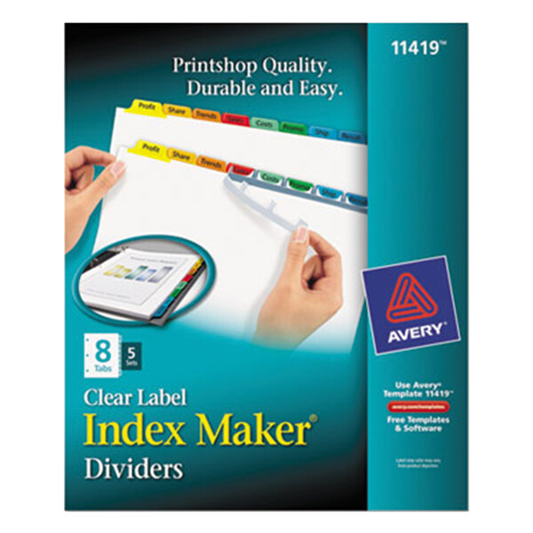 A package of Avery Index Maker multi-color divider tabs with a label strip.