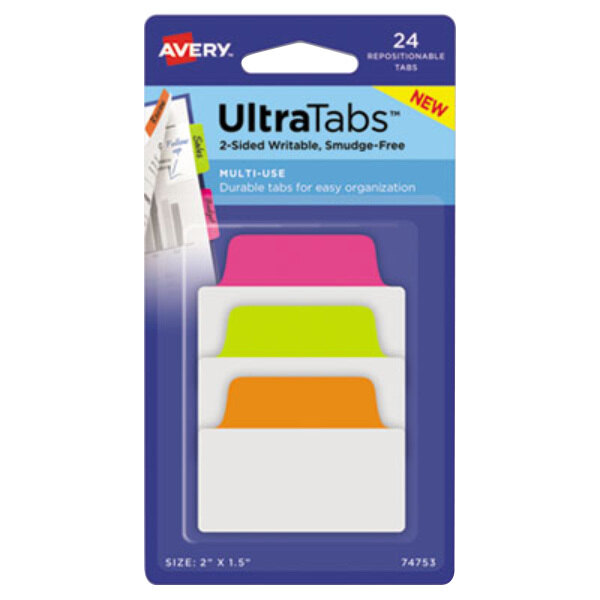 A close-up of a pack of 24 Avery Ultra Tabs in assorted neon colors.