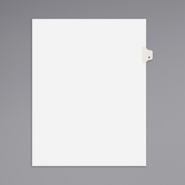 A white paper Avery Individual Legal Exhibit F Side Tab Divider.