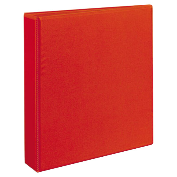A red Avery heavy-duty view binder with white EZD rings.