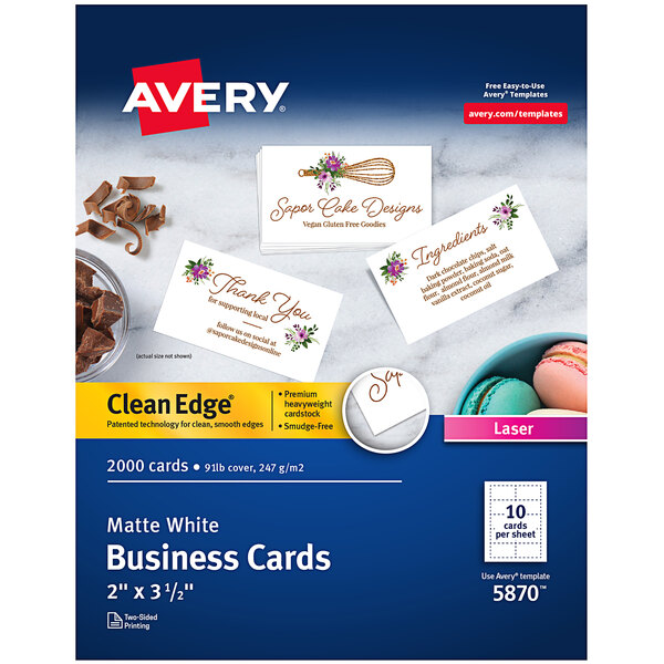 A box of white uncoated Avery business cards.