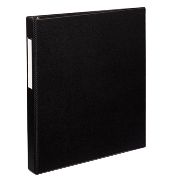 A black Avery non-view binder with a white spine label holder.