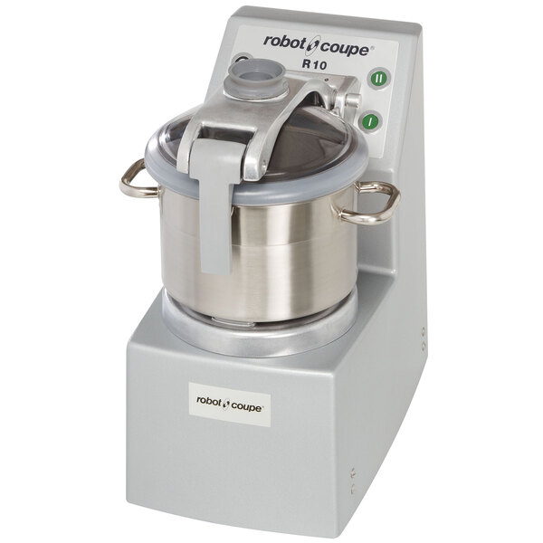 A Robot Coupe commercial food processor with a silver lid.