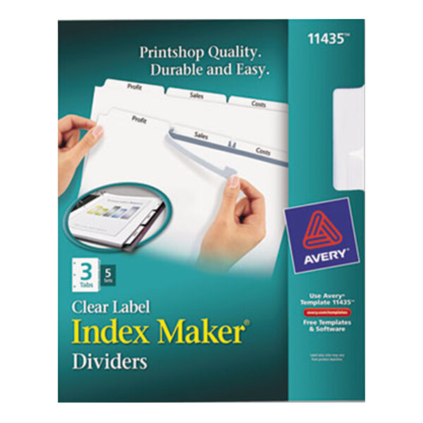 A hand holding a box of white Avery clear index maker dividers.