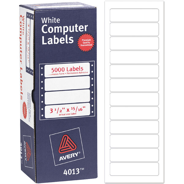 A blue box of 5000 Avery white dot matrix printer mailing labels with a white background.