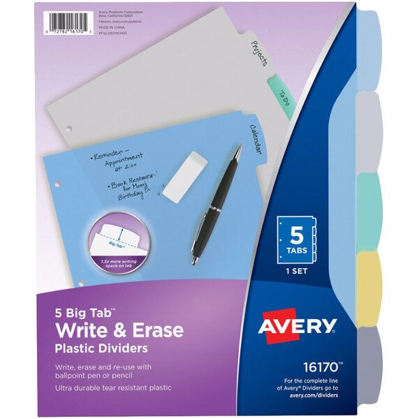 A package of Avery white and blue plastic dividers with a blue and white label.