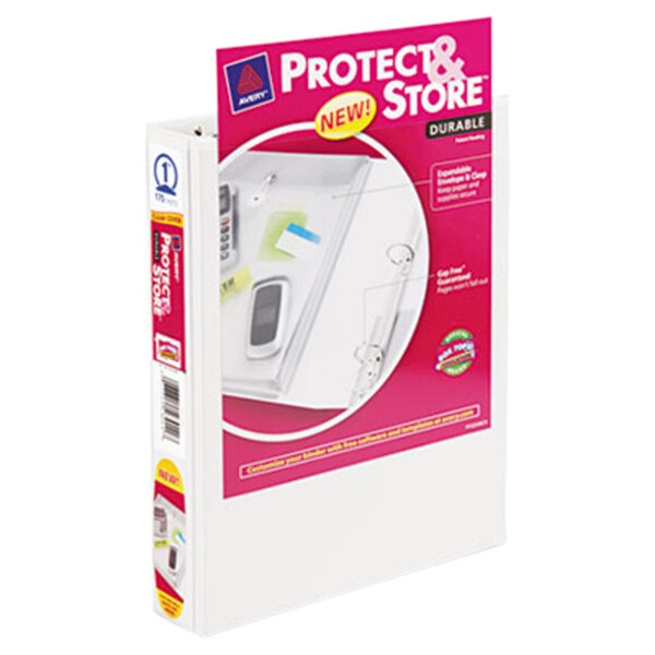 A white Avery mini binder with pink and white text on the cover that reads "Protect and Store"