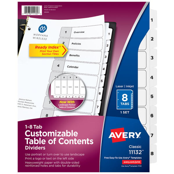 A package of Avery® 8-tab white table of contents dividers with a white background.