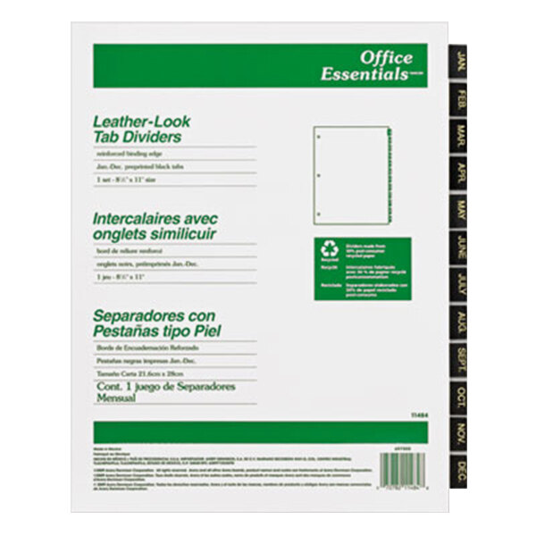 A package of Avery black leather 3-ring binder dividers with green and white labels.