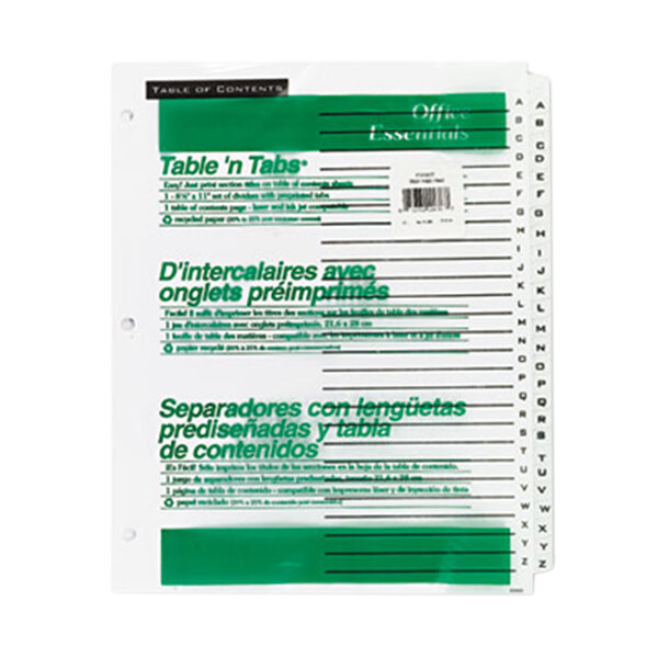 A stack of white Avery Table 'n Tabs with green and black text on a green and white rectangular paper.