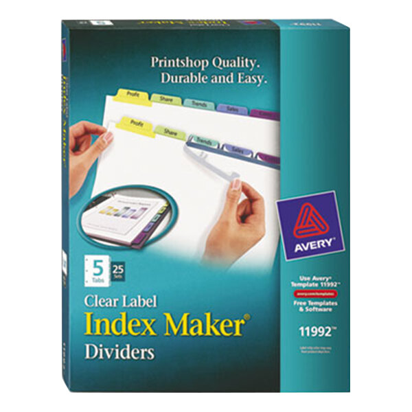 A box of Avery Index Maker 5-tab Multi-Color Divider Set with Clear Label Strip being held.