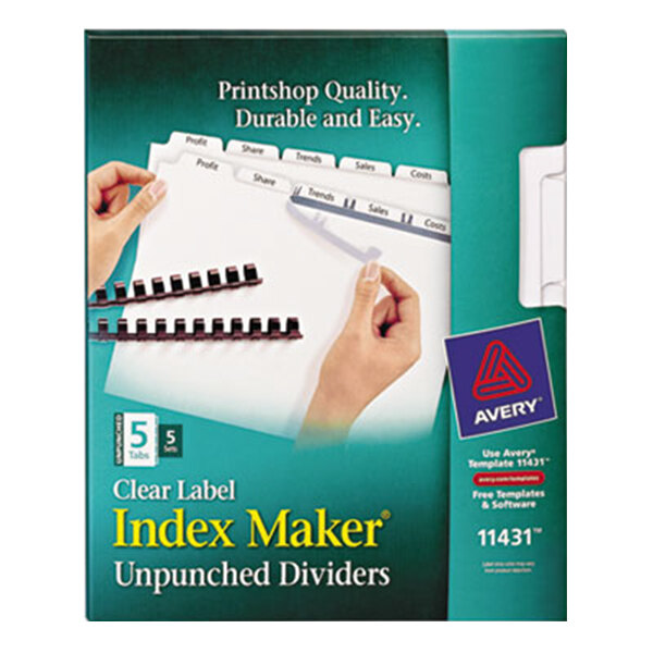 A package of Avery Index Maker unpunched dividers with clear label strips.