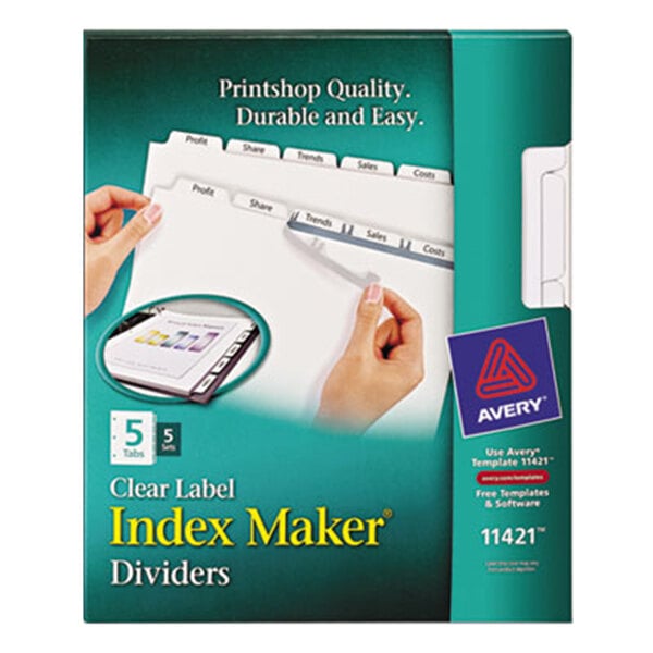 A package of Avery Index Maker 5-tab white dividers with a blue and red logo.
